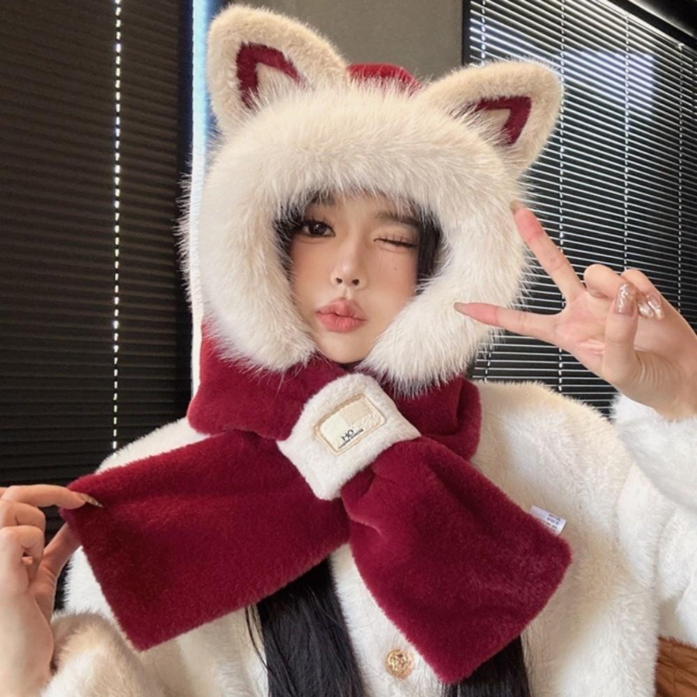 Windproof Hat Scarf Keep Warm Winter Plush Scarf Fox Ears Hooded Scarf for Women Autumn Winter