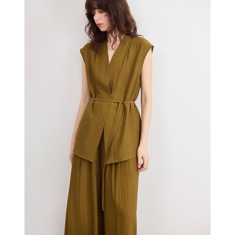 Demana Summer Minimalist V-Neck Sleeveless Top & Wide-Leg Pants Set