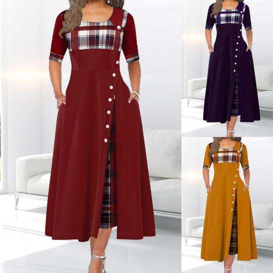 Enaguas de Señora Talla Grande Vestido de Verano Patchwork Estampado a Cuadros Poliéster Señoras Hermoso Vestido de Mujer para Viaje