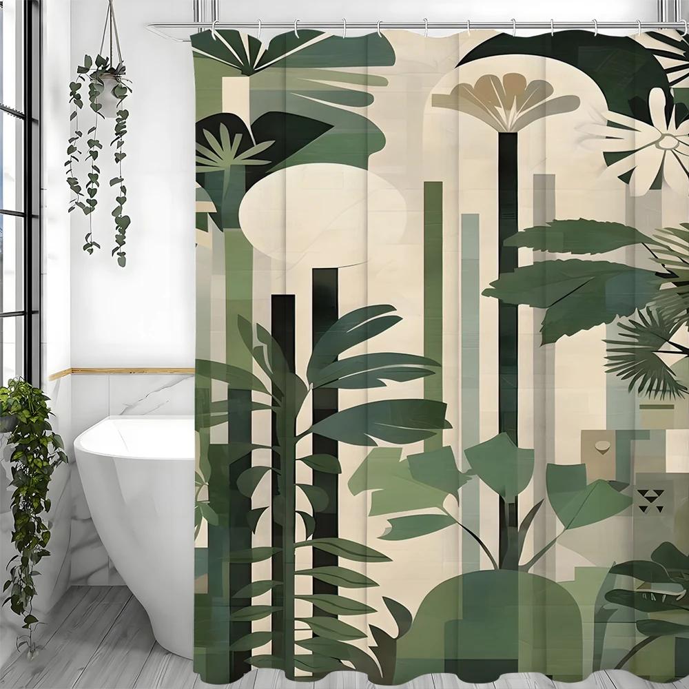 Green Plant Shower Curtain, Bathroom Decorative Shower Curtain, Waterproof Shower Curtain with Hooks