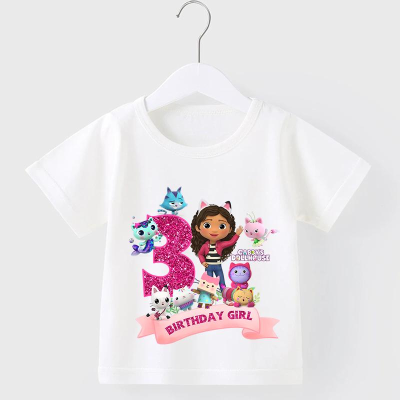 New Gabby Dollhouse Number T-Shirt Simple Basic Cotton Tops Cute Anime Cartoon Print Sweet Girls Birthday Clothes