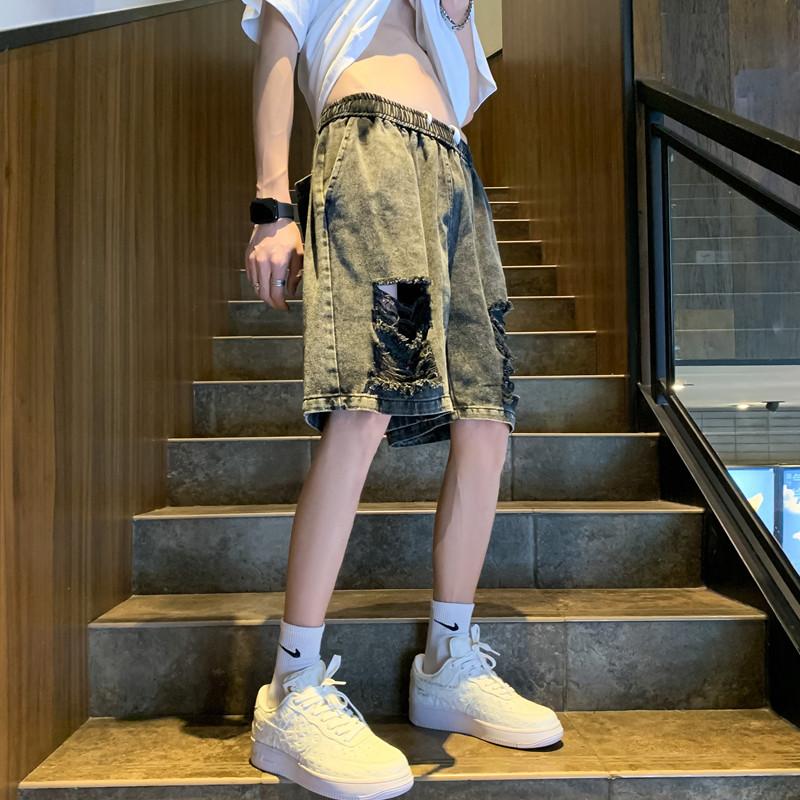 New pink ripped denim shorts men's summer casual fashion five-point pants