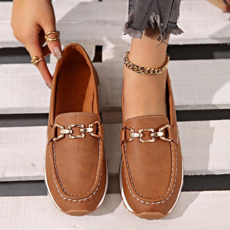 Large size single shoes women's autumn new metal chain flat bottom thick bottom casual