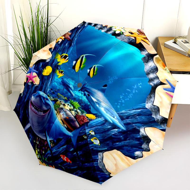 Vibrant 3D Ocean Life Folding Umbrella Travel Umbrella Travel Sun Umbrella Three Folds