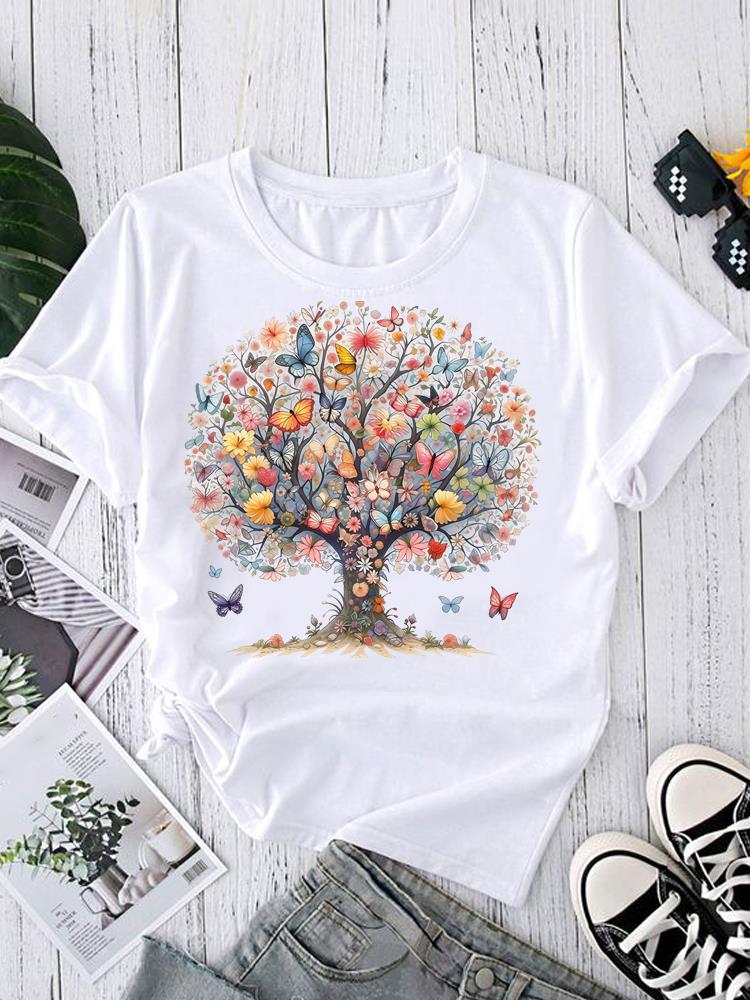 (Asian Size) Print O-neck style flower Fashion Female Casual Women's Top T Clothing Graphic Tee Short Sleeve T-shirts