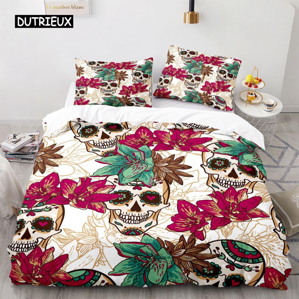 Povlak na přikrývku Sugar Skull King Mikrovlákno Růžový Ložní Set Květinová Lebka Povlak na Přikrývku Černá Červená Oranžová Kostra Jednolůžkový Povlak na Prošívanou Přikrývku