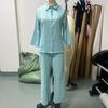 Nuovo Set Due Pezzi Donna: Camicia Senza Collo Monocolore e Pantaloni a Gamba Larga - Set Casual Due Pezzi a Manica Lunga dalla Vestibilità Ampia