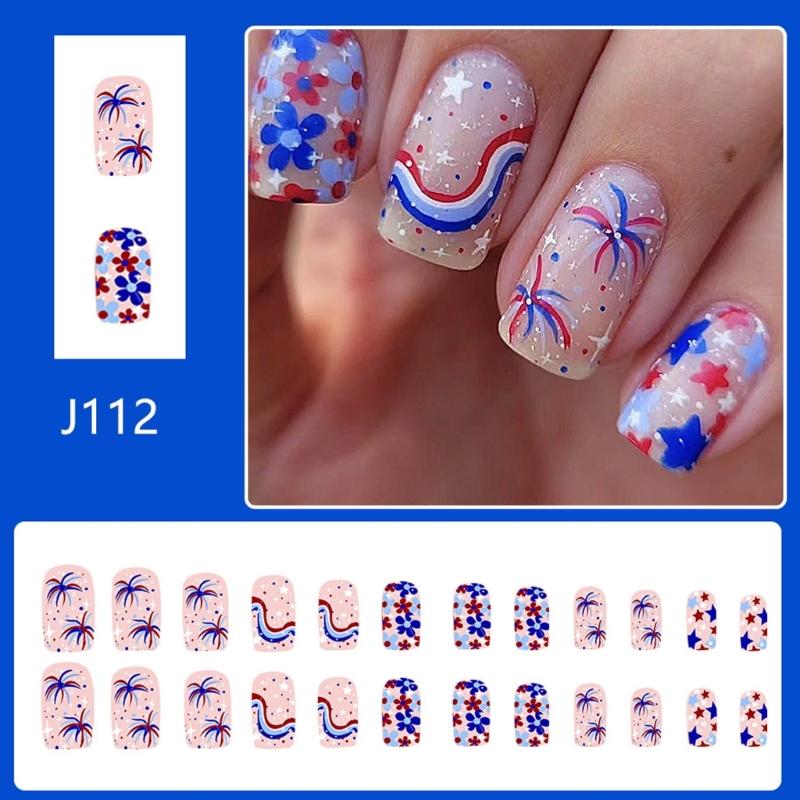 Square Press on Nail 4th of July Fake Nail Independence Day Glues on Nail Patriotic False Nail Full Cover Fake Nail
