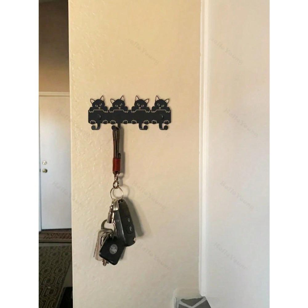 Black Metal Cat Hooks, Cute Kitten Wall Decor, Space Saving Wall Hooks for Hats Bags Towels, Entryway Bedroom Office Organization