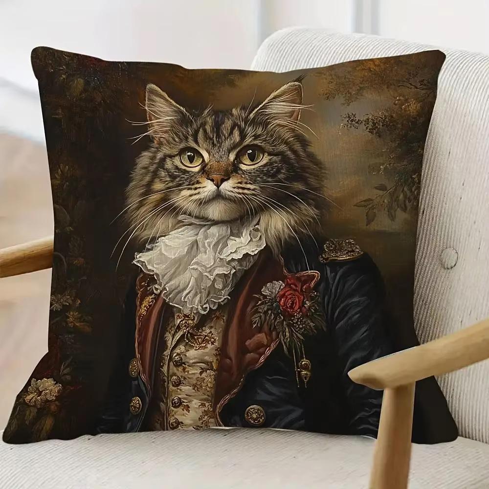 Double Sided Victorian Royal Cat Pillow Cover, Soft Polyester 2D Flat Print Cushion for Sofa Living Room Home Decor