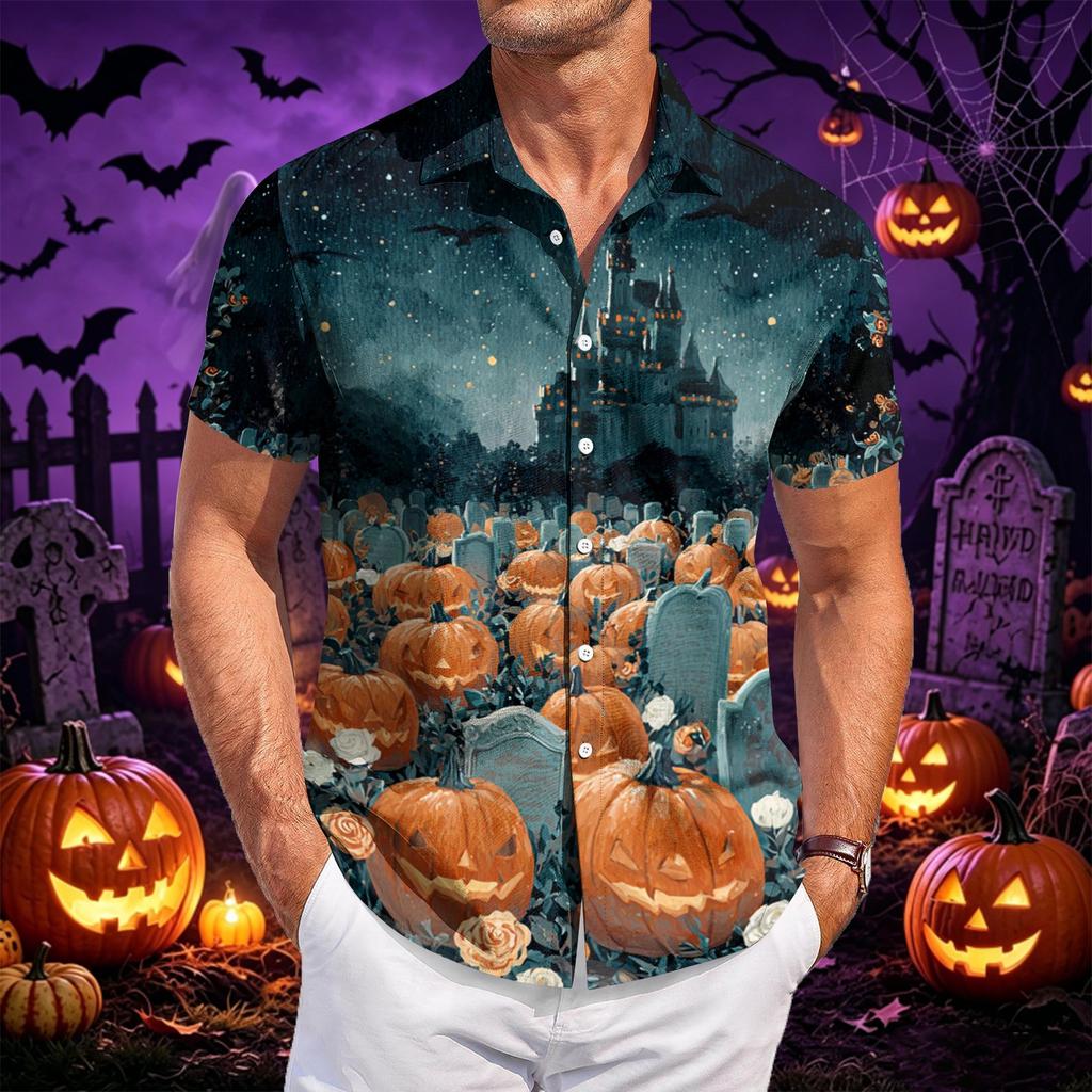 Men's Casual Short Sleeve Shirt Halloween Print Button Down Shirt Lightweight Breathable Fabric Relaxed Fit Shirt for Everyday Wear