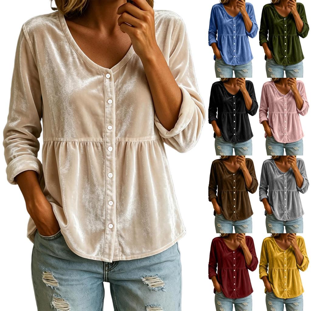 Women's Casual Velvet V-Neck Long Sleeve Top for Everyday Wear