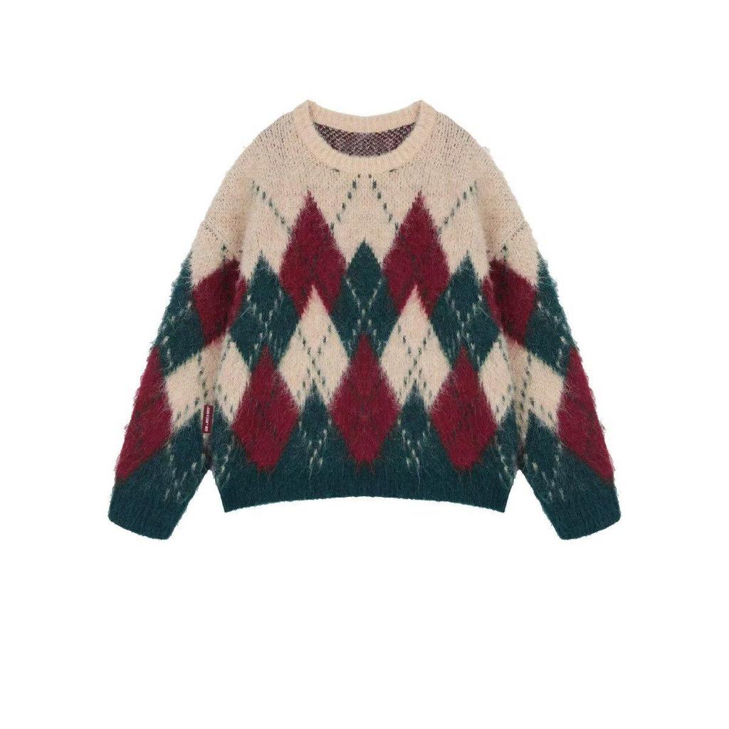 Retro Plaid Diamond Christmas Sweater: Autumn/Winter Loose Knitwear, Thick & Stylish.