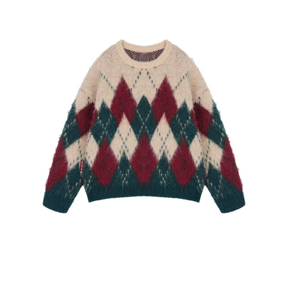 Ретро клетчатый рождественский свитер с ромбами: Осенний/Зимний свободный трикотаж, плотный и стильный. 2XL зелёный