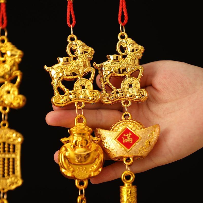 1Pcs Lucky Charms Pendant Golden Chinese Zodiac Goat Hanging Ornaments With Red Tassel For Spring Festival Home Car Decor