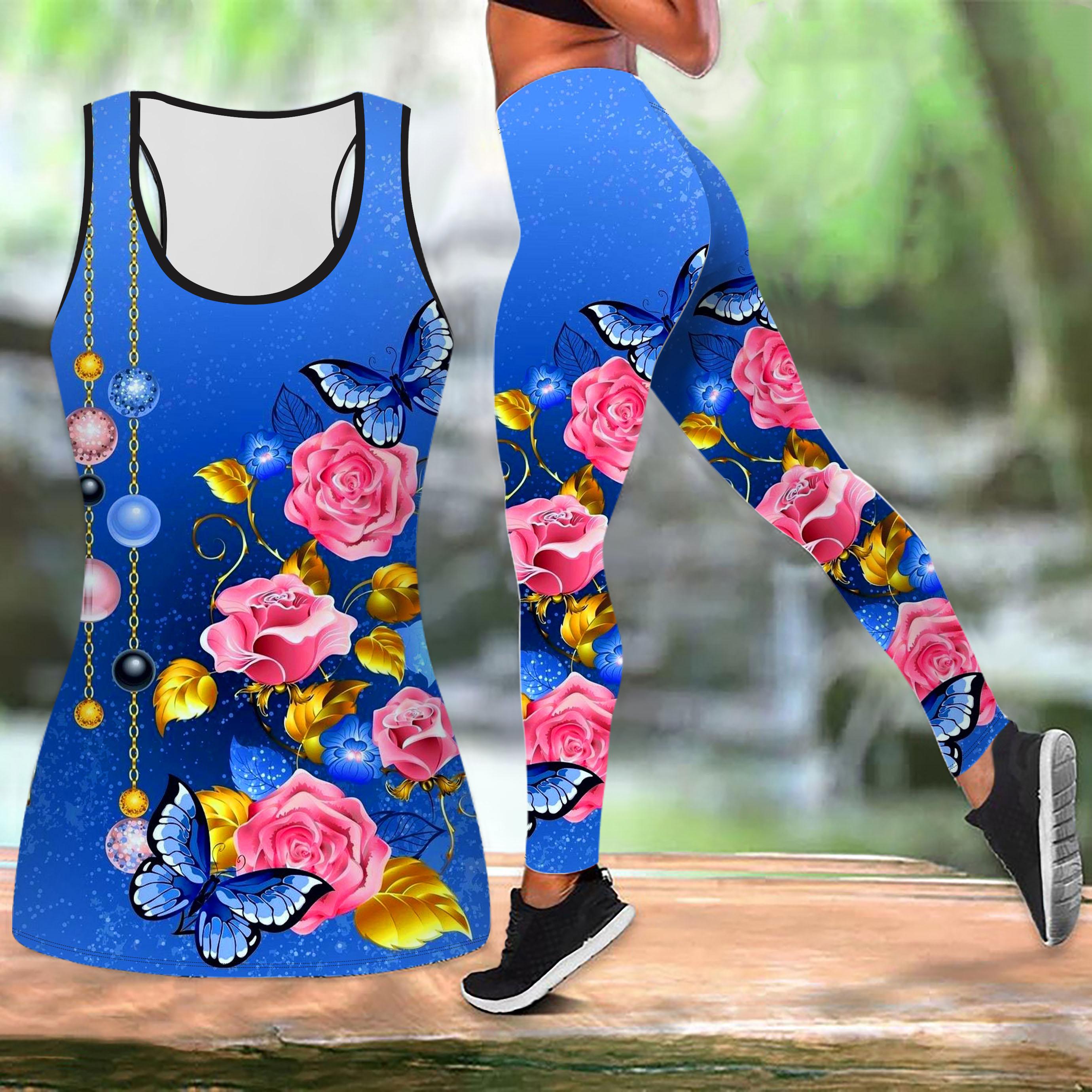 

Золотая роза принт йога костюм для женщин модные леггинсы для тренировок фитнес спорт повседневный комплект для йоги спортивный костюм XL синий
