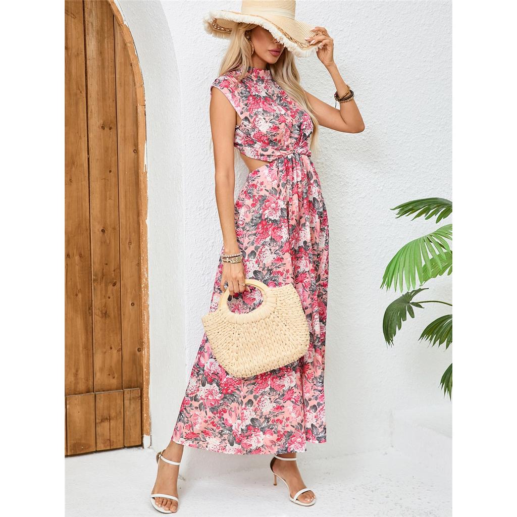 Tooxika Summer New Holiday Printed Long Sleeveless Half High Neck Backless Waist Dresses For Women