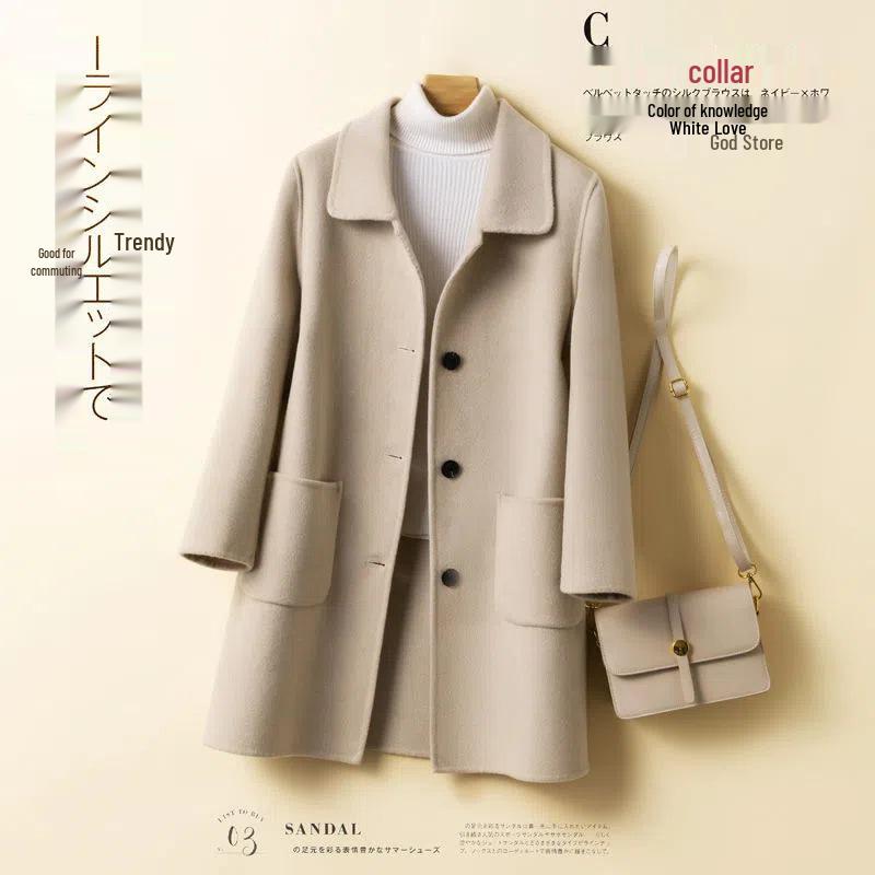 Women's Mid-Length Wool Coat - Korean Style, Loose Fit, Plus Size, Slimming, Age-Reducing, for 2025 Autumn/Winter