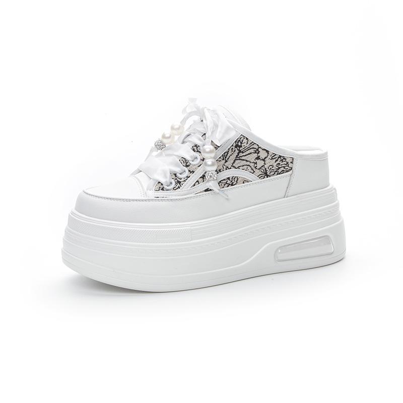 2025 Summer New Bag Head Slippers Women Wear Lazy Thick-soled Muffin Delicate Half Tray Small White Inner Height-increasing Women's Shoes