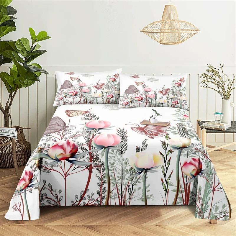 Beautiful Flower Digital Printing Polyester Bed Flat Sheet With Pillowcase Print Bedding Set