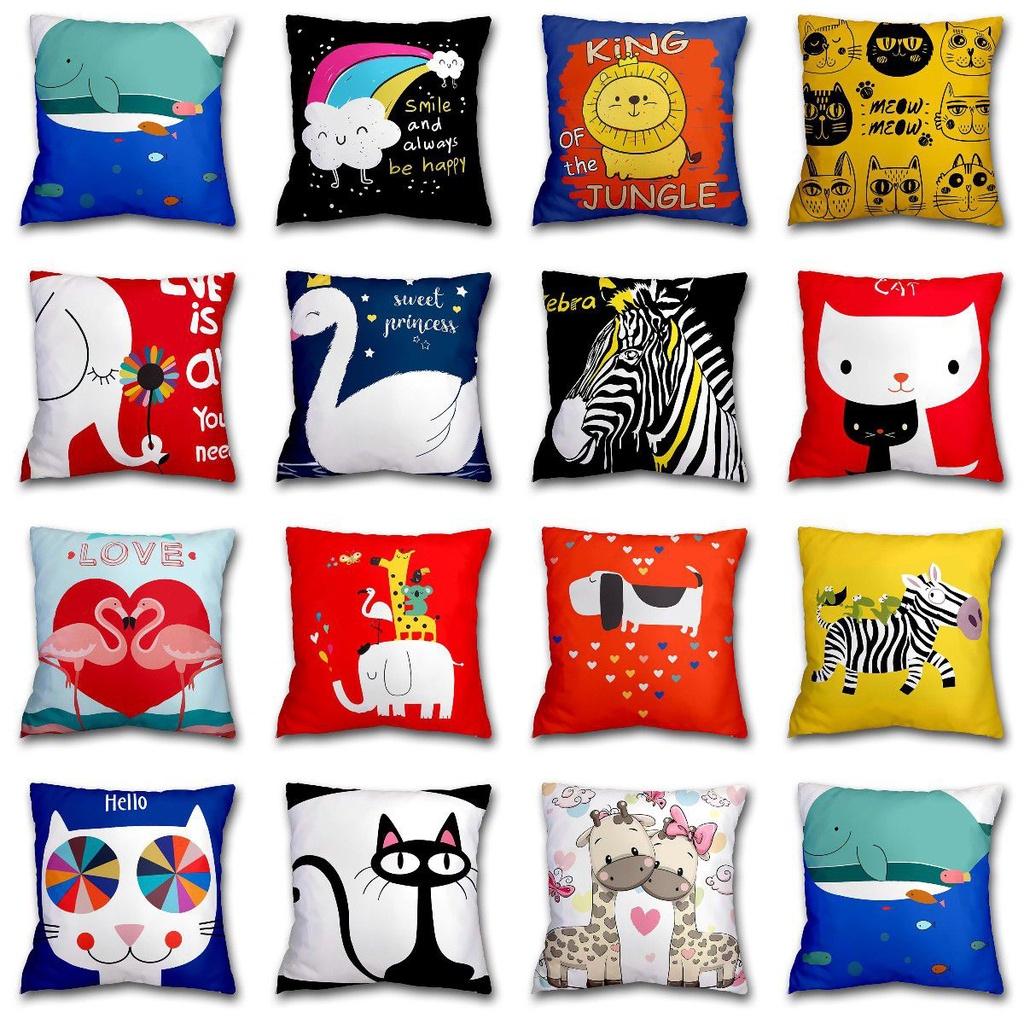 Cartoon Printed Cushion Cover Square Shape Peachskin Fabric For Home Decor