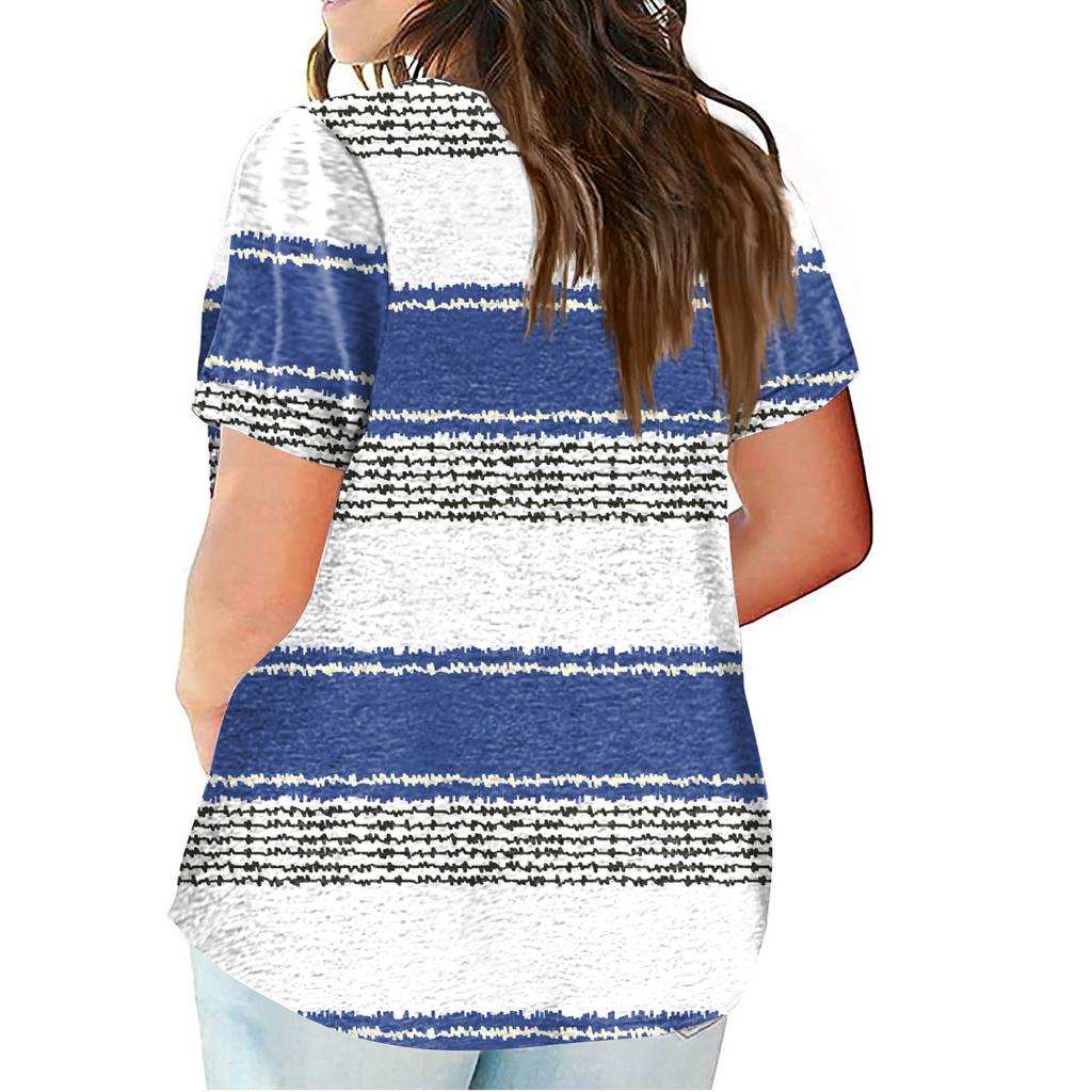 Women's Large T-shirt Summer Casual Print V-neck Short Sleeve Pocket Top