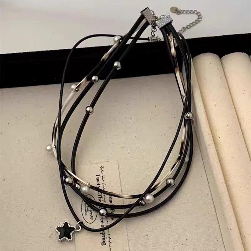 Women's Black Leather Star Necklace: Multi-Layer Clavicle Chain, Sweet and Cool Style for Chic Fashion.