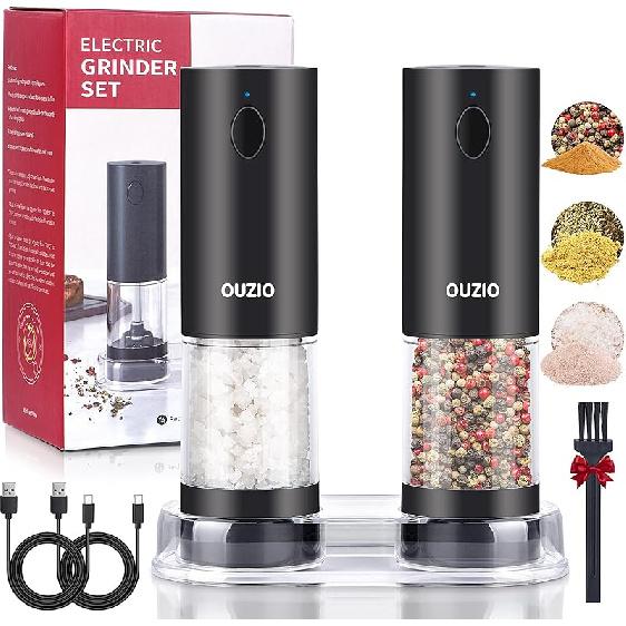Rechargeable Electric Salt and Pepper Grinder Set with Storage Base, Automatic Mill Grinder Set Adjustable Coarseness Rechargeable Battery Power Rechargeable Set with Sto