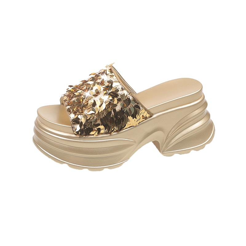 Fashion High Platform Slippers Women Summer Fashion 2025 New Increase Blingbling Leather Sandals Flip-flops 8CM Heels Beach Shoes