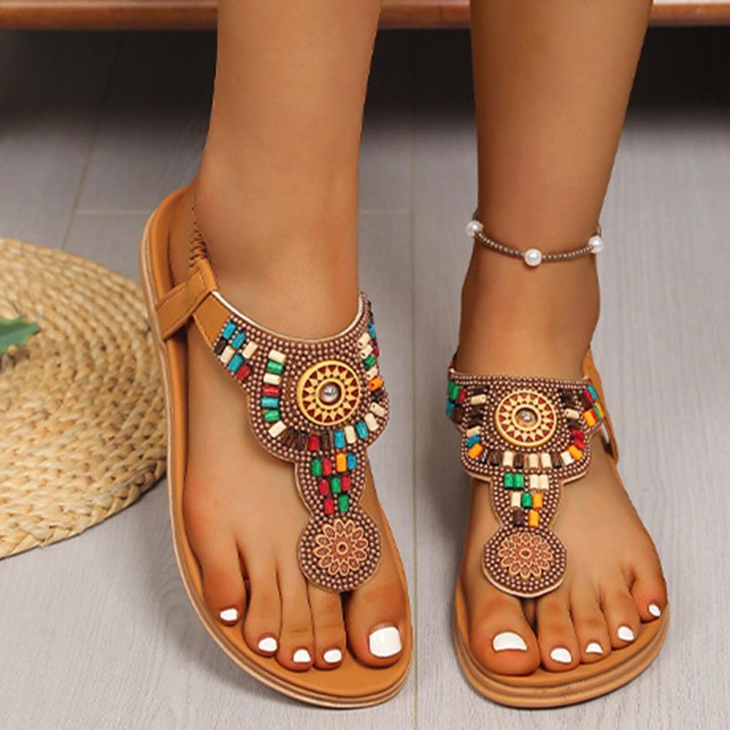 Large size rhinestone herringbone clip toe thick bottom ethnic elastic band bead beach sandals