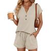 Women's Summer 2 Piece Outfit Notch Neck Button Detail Batwing Sleeve Top Drawstring Waist Pocket Shorts Set