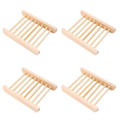 Set Of 4 Bamboo Soap Dish Simple Design Soap Holder Slotted Draining Soap Tray For Bathroom Kitchen