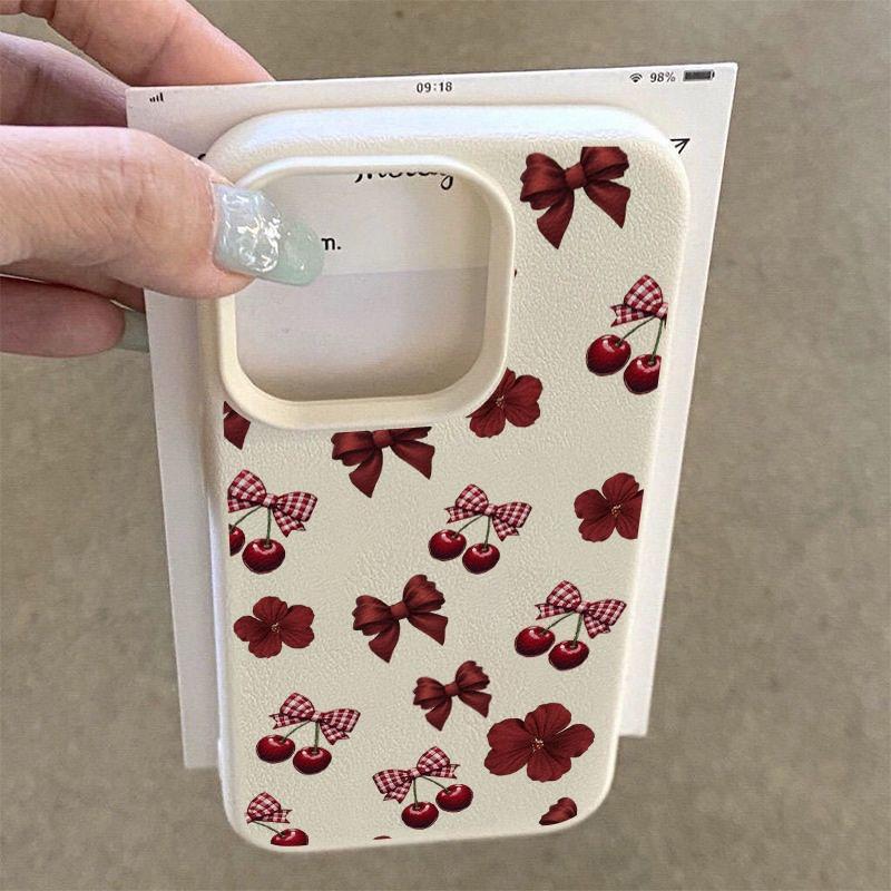 Wine Red Cherry Bow Floral Pattern Lychee Texture Phone Case For iPhone 11 12 13 14 15 16 17 Pro Max Plus 17 Air X XS Soft Cover