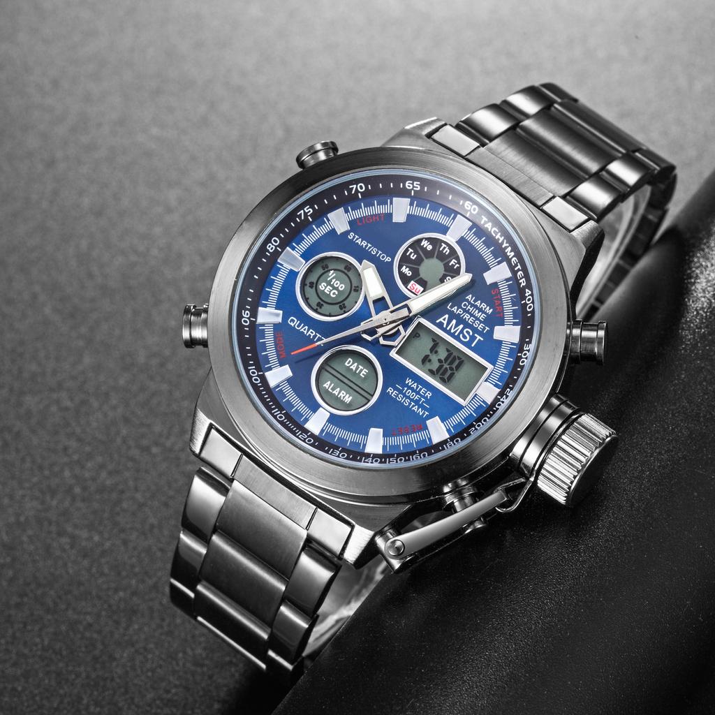 AMST Men Watch Top Luxury Brand Red Big Dial Sport Watches Mens Chronograph Quartz Wristwatch Date Male Clock Relogio Masculino