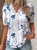 V Neck Summer Printed Floral Blouse Women Fashion Casual Puff Short Sleeve Lace Shirt Elegant Female Loose Simple Ladies Tops 369