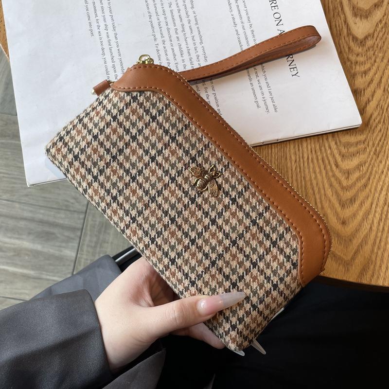 

Новый клатч с вышивкой «гусиные лапки», натуральная кожа, женские клатчи, брендовый дизайн, длинный кошелек из яловой кожи с пчелой, женский кошелек для телефона коричневый