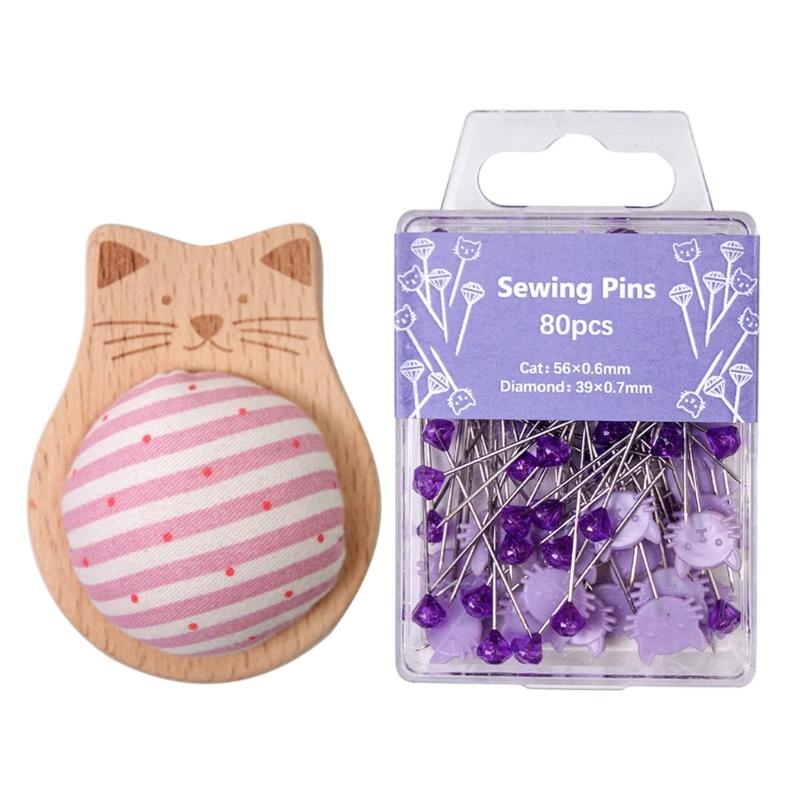 

Wood Pin Cushion with 80 Straight Sewing Pin for Dressmaking Needlework Sewing Quilting Positioning Pin with Pin Holder фиолетовый