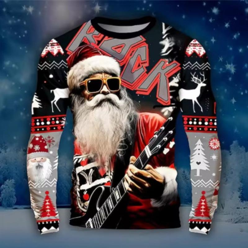 Rock Santa Pattern Crew Neck Long T-Shirt Men's Casual 3D Printing