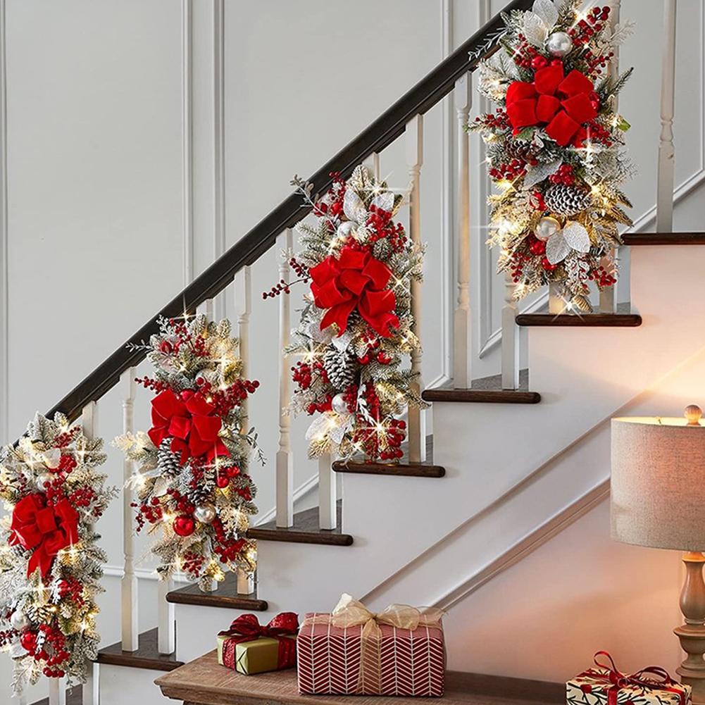 45cm Christmas Decoration Wreath With Lamp W/ Light For Front Door Red Ball Flower Garland Xmas Ornament Window Wall Hanging Dec