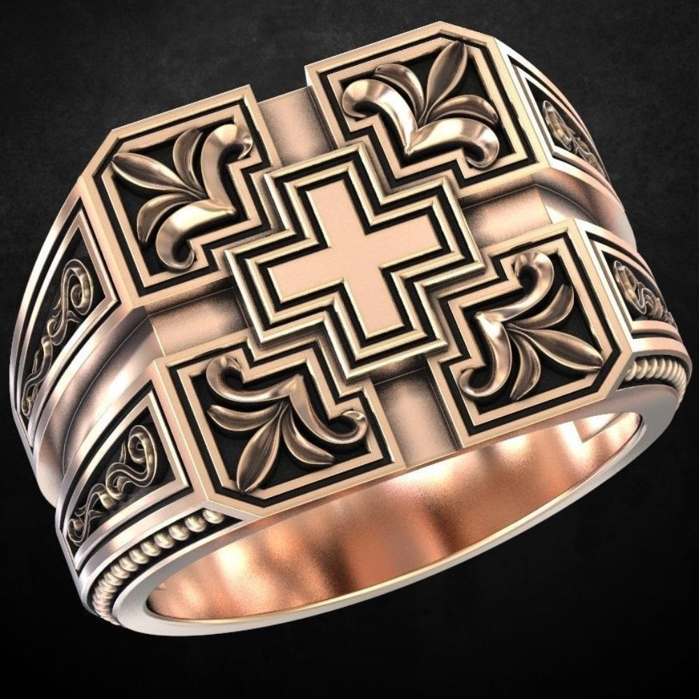 

Vintage Gold Plated Cross Ring for Men Unique Engraved Design European Retro Style Fashion Accessories No. 13 рожевий колір золота