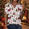 Women's Casual V-Neck Short Sleeve Button Front T-Shirt Top with Christmas Print
