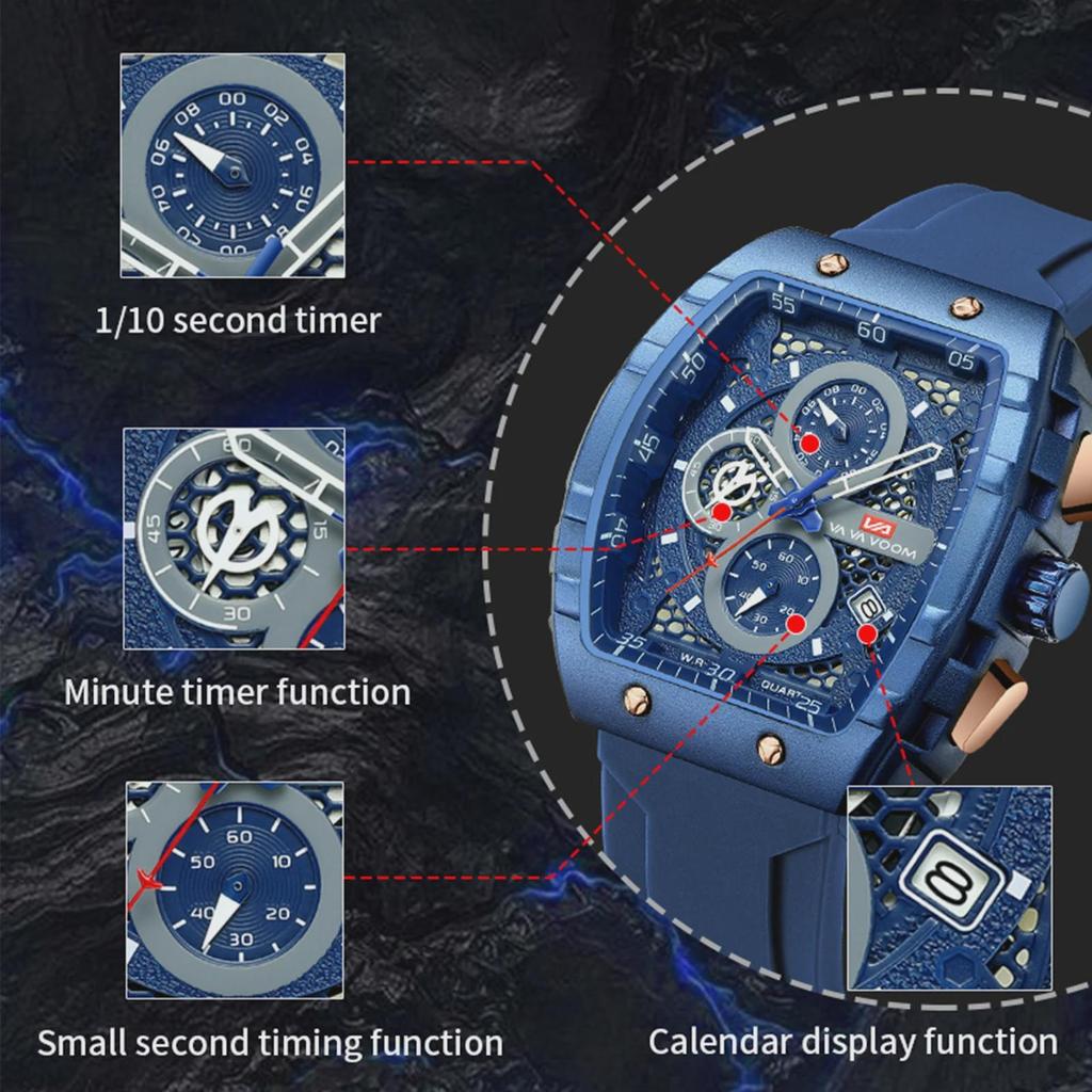 Men Multifunctional Watch Fashion Silicone Timing Clock Waterproof Sports Military Watch Quartz Watch