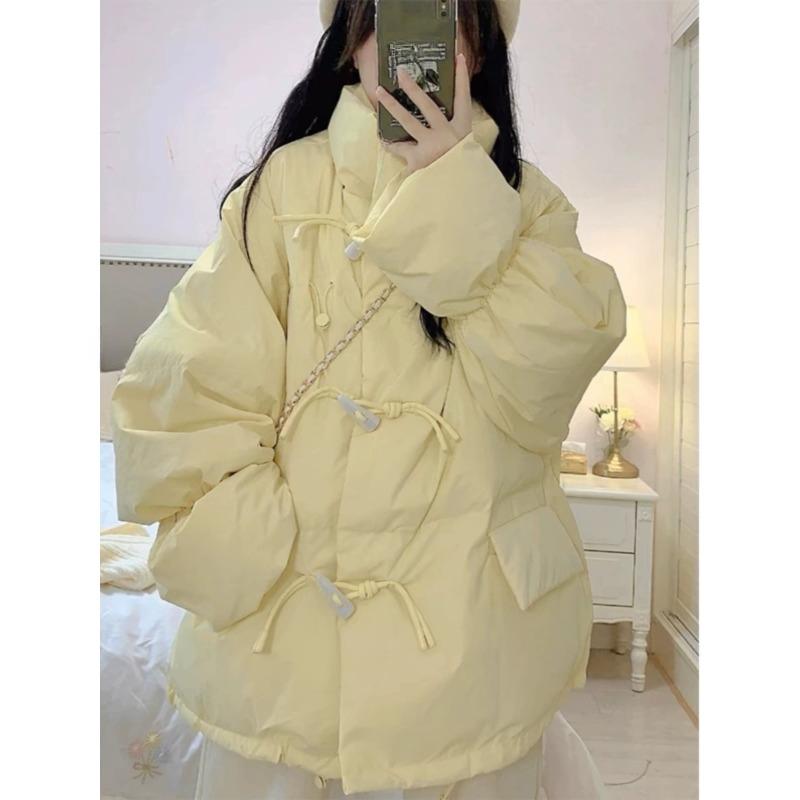 

Корейское хлопковое пальто-пуховик женское короткое новое корейское свободное хлопковое пальто с роговыми пуговицами пальто-хлеб XL жёлтый