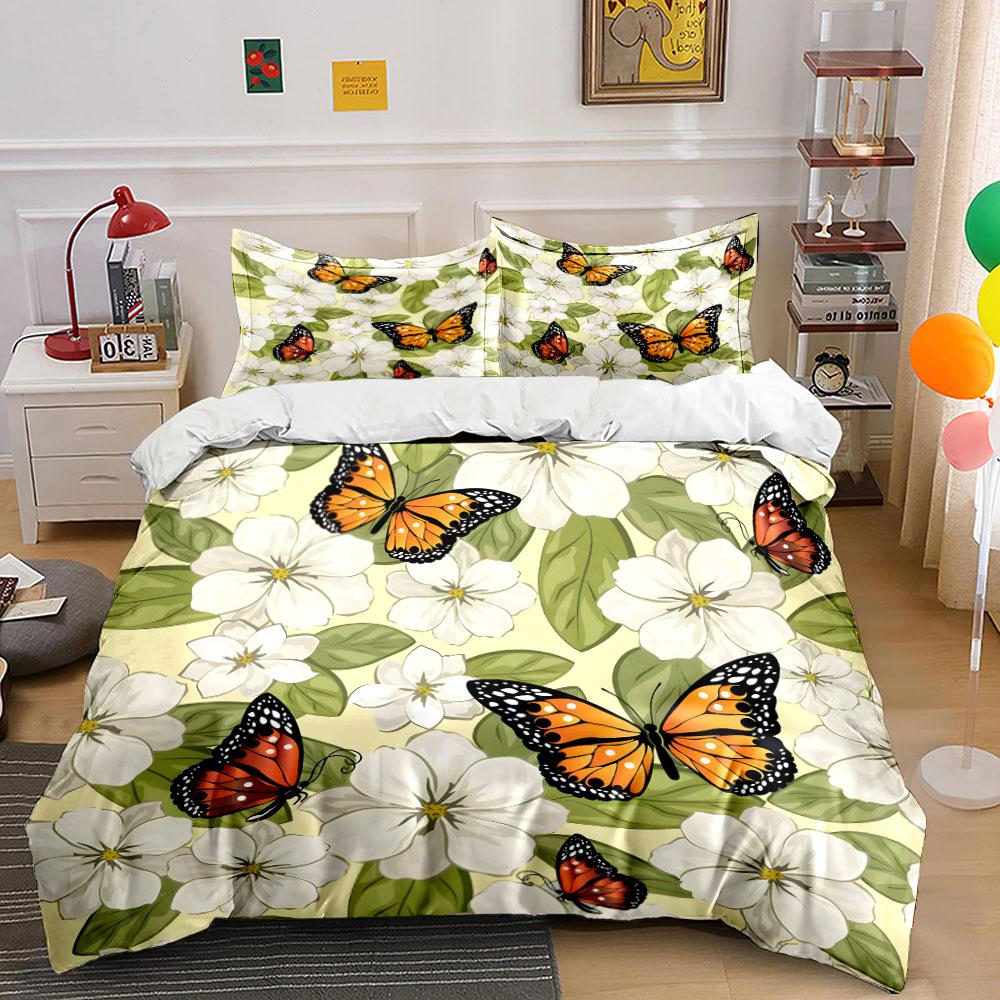 Butterfly and White Floral Pattern Bedding Duvet Cover Set (1*Duvet Cover 2*Pillowcases, without duvet insert)