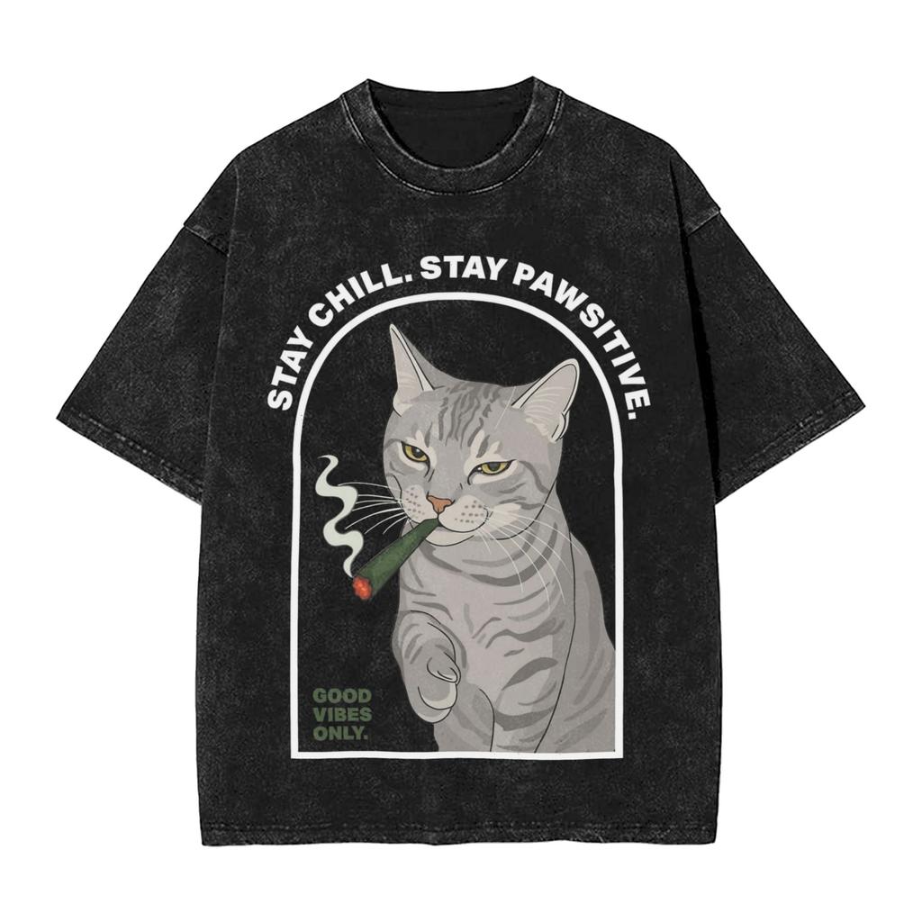 Smoking Cat Funny Washed T Shirts Streetwear Hip Hop Fashion T-Shirts Tees Tops Wo 100% Cotton Oversize Graphic Printed