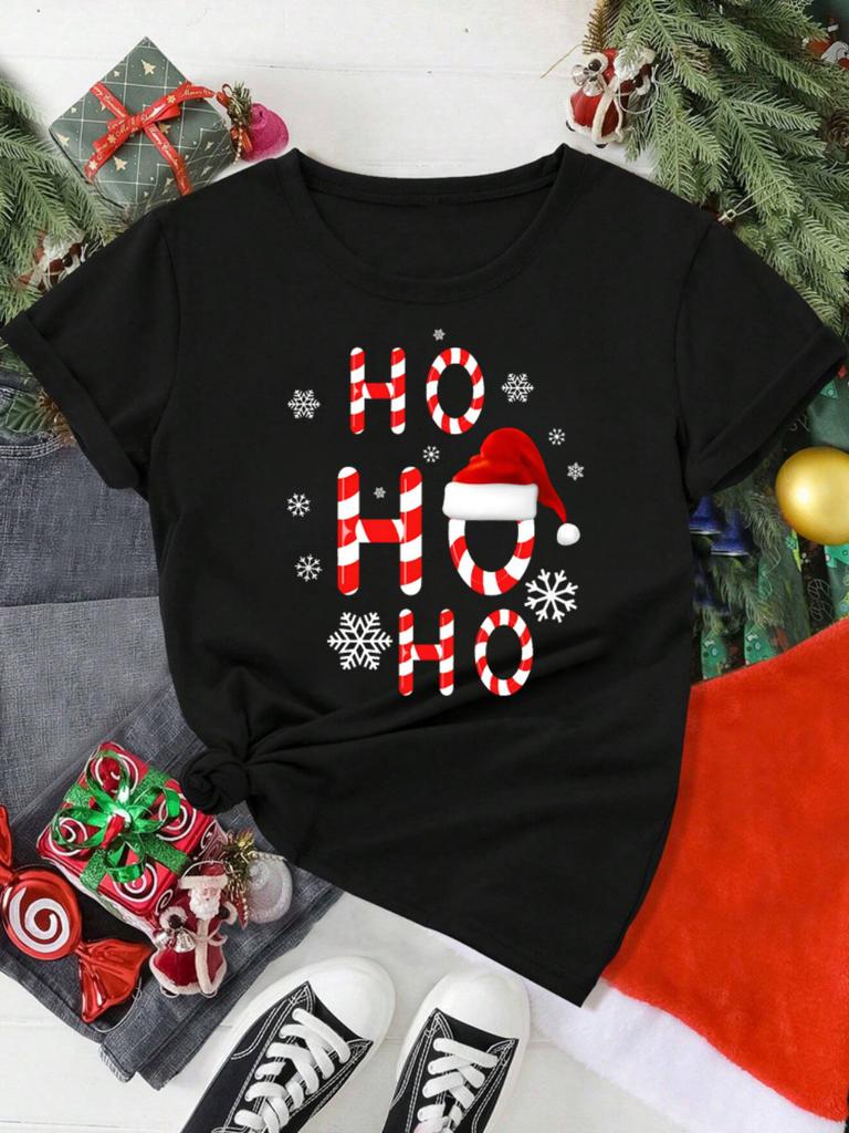 HO HO HO Christmas Hat Pattern Tshirt Loose Breathable Holiday Activities Shortsleeved Tshirt Unisex Women Unisex Casual Tops