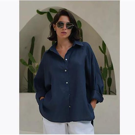 Bornladies 100% Cotton Spring Summer Versatile Lazy Casual Shirt Women's Fashionable Solid Color Loose Shirt Cardigan Shirt