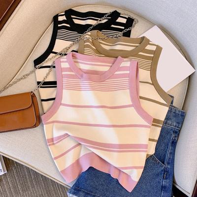 Γυναικεία αμάνικη Crop Top με στρογγυλή λαιμόκοψη Καλοκαιρινή βασική πλεκτή ριγέ καμινάδα Teen Girls Cropped Tank Top Streetwear