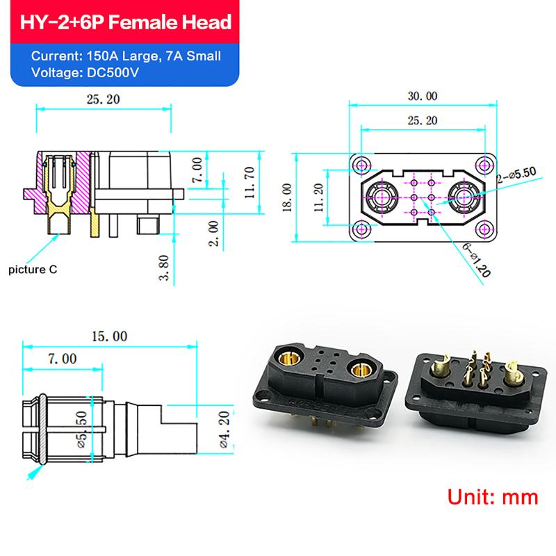 Hy2+6P Stecker Kupfermaterial Stecker Schnittstelle Stecker Buchse Adapter für Elektrofahrzeug Balance Scooter Servo RC Lithiumbatterien