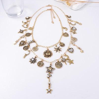 Personalized Trendy Retro Gold Color Alloy Sun Moon Star Chain Necklace For Women  Versatile Jewelry Accessories